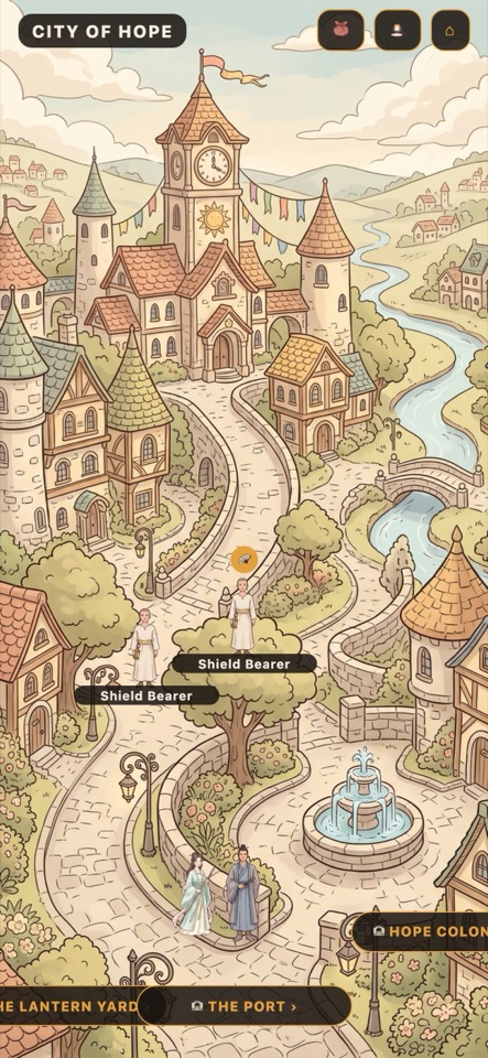 The hero standing in a hand-drawn town with a clock tower and a river