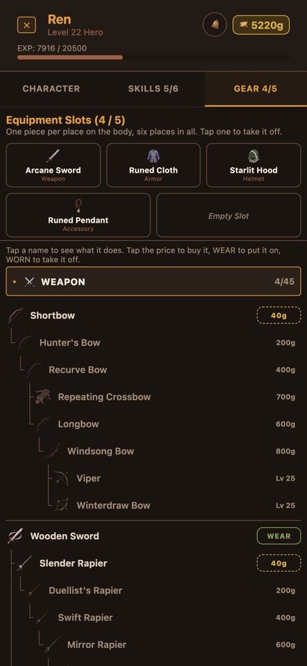 The gear page: the four pieces being worn pinned above the weapon families they are chosen from