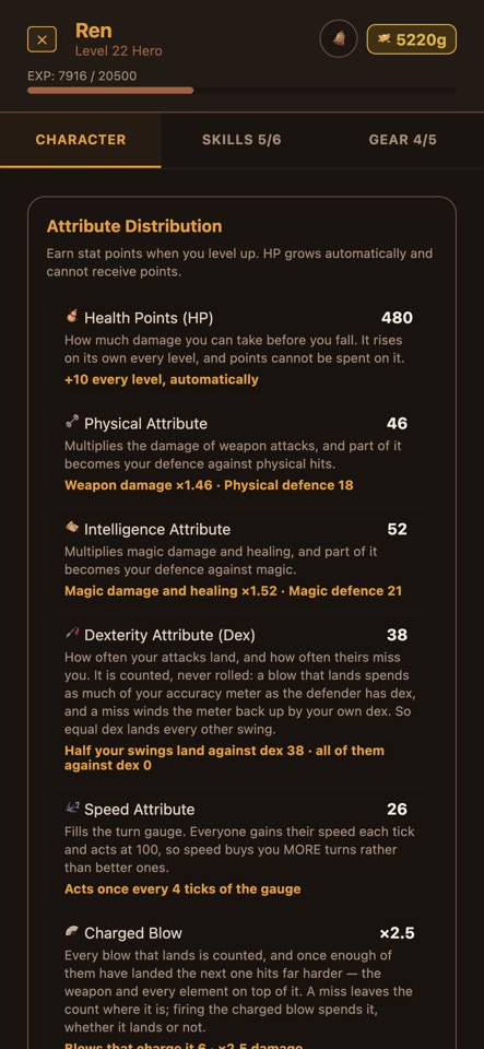 The character page: health, physical, intelligence, dexterity and speed, each saying in words what it changes
